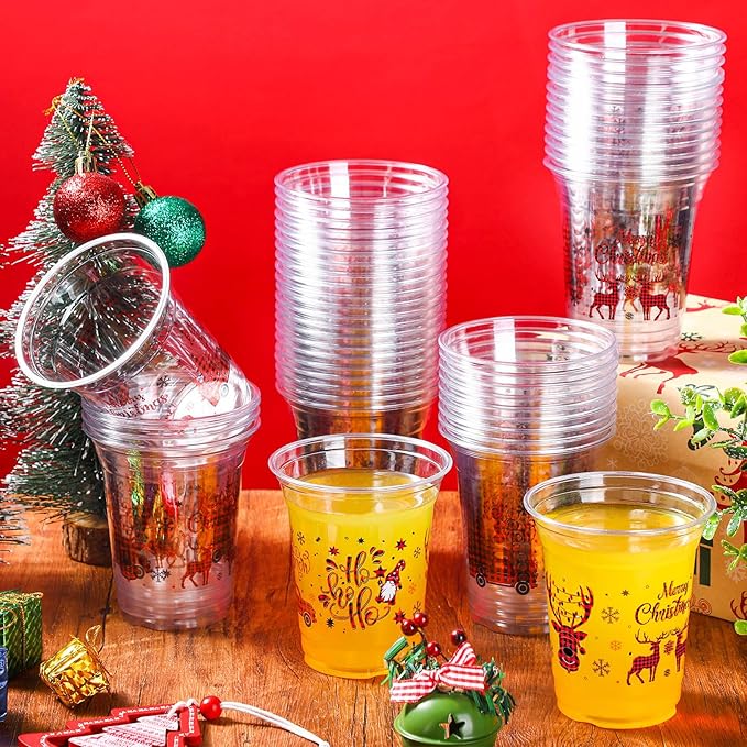50 Pcs Merry Christmas Buffalo Plaid Plastic Cups 12 oz Clear