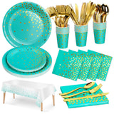 Nkaiso 141 Pieces Blue Green and gold Party Supplies, Disposable Party