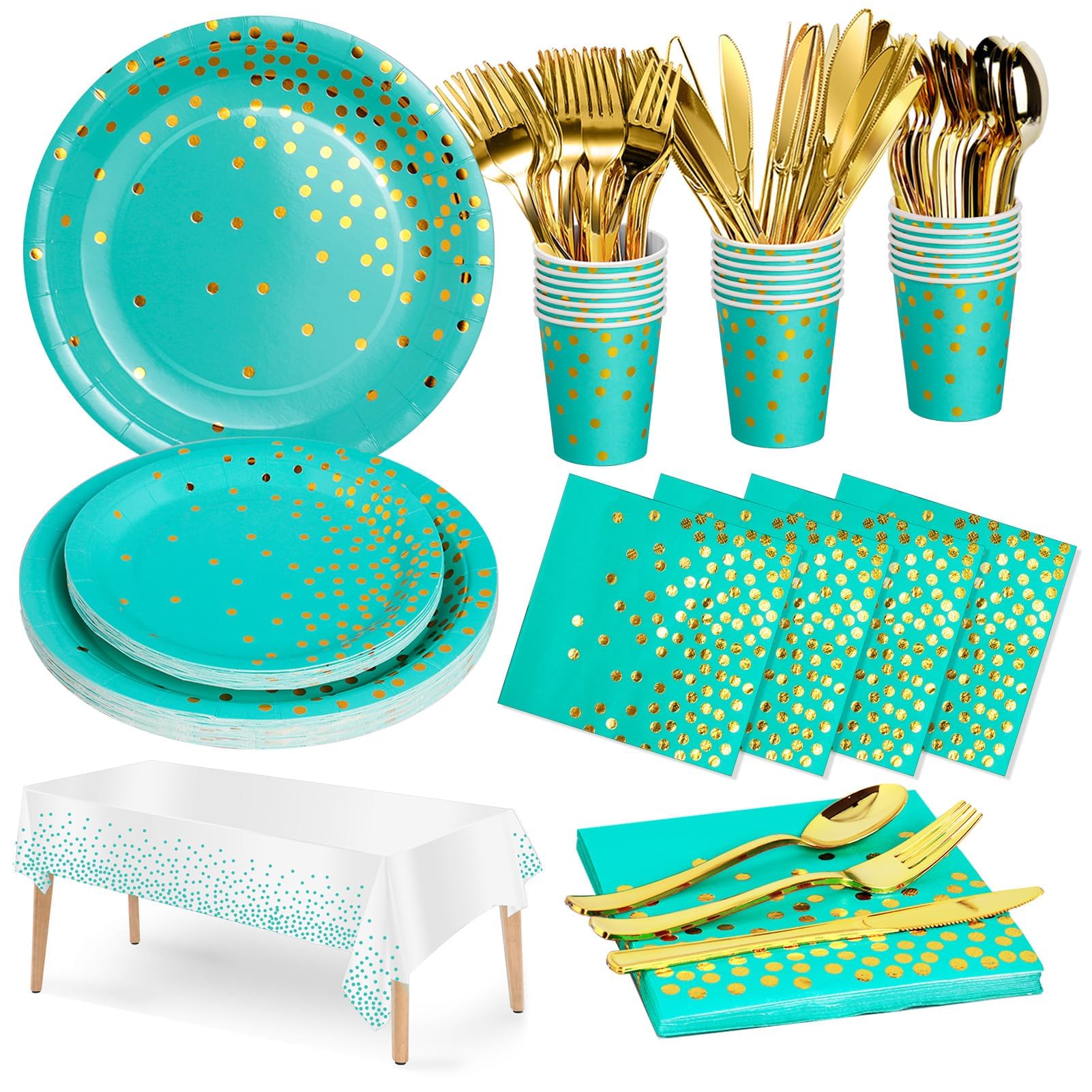 Nkaiso 141 Pieces Blue Green and gold Party Supplies, Disposable Party