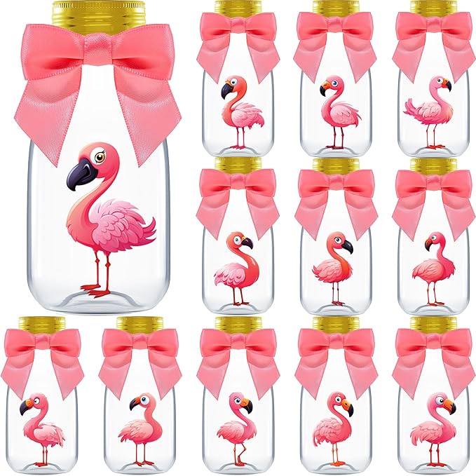 Small 12 Pack Flamingo Party Favors DIY Candy Jars with Ribbons and