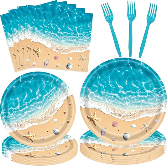 100 Pcs Summer Beach Tableware Party Supplies Disposable Ocean Waves