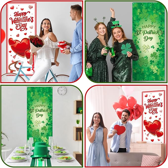 2 Pcs St Patricks Day and Valentine‘S Day Door Covers Green Shamrock