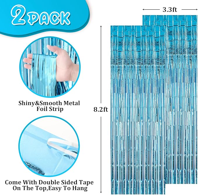 Voircoloria 2 Pack 3.3x8.2 Feet Light Blue Foil Fringe Backdrop