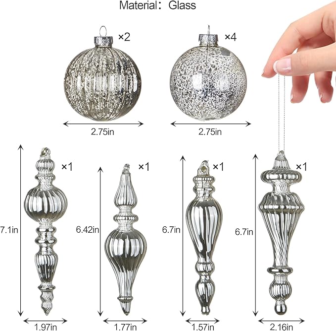 Mercury Glass Christmas Ornaments Silver Hanging Balls with Different