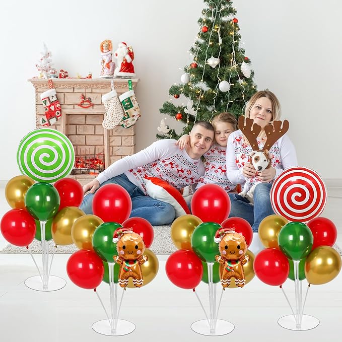 4 Sets Christmas Party Balloons Stand Kit with Gingerbread Man Candy