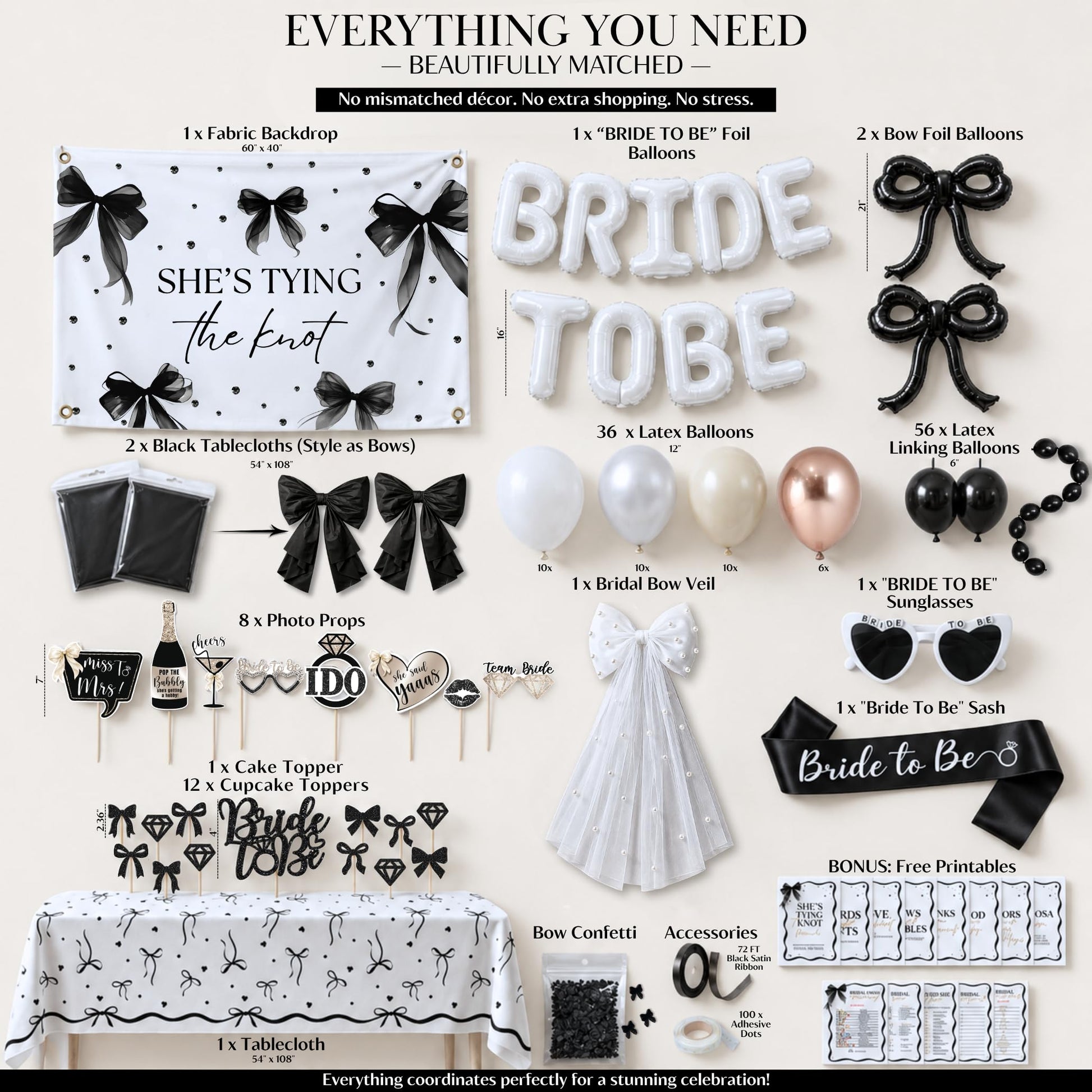 325 Pc Black Bow Bridal Shower Decorations Set - She’s Tying the Knot