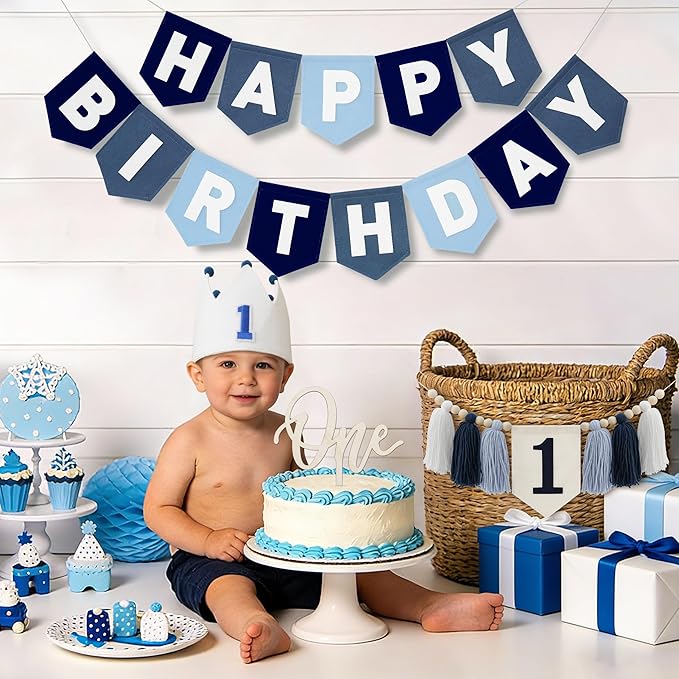 Felt Navy Blue Happy Birthday High Chair Banner Pre-Strung Birthday
