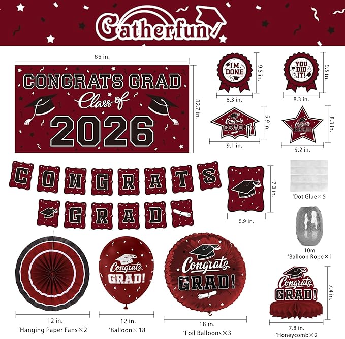 Maroon Themed 2026 Graduation Decorations Set - Congrats Grad Banner,