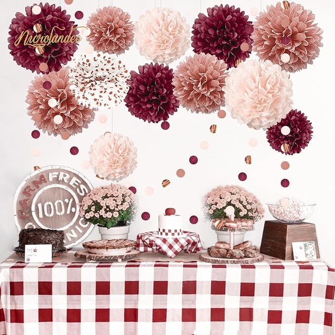 Bachelorette Party Decorations 15Pcs Burgundy Rose Gold Tissue Pom