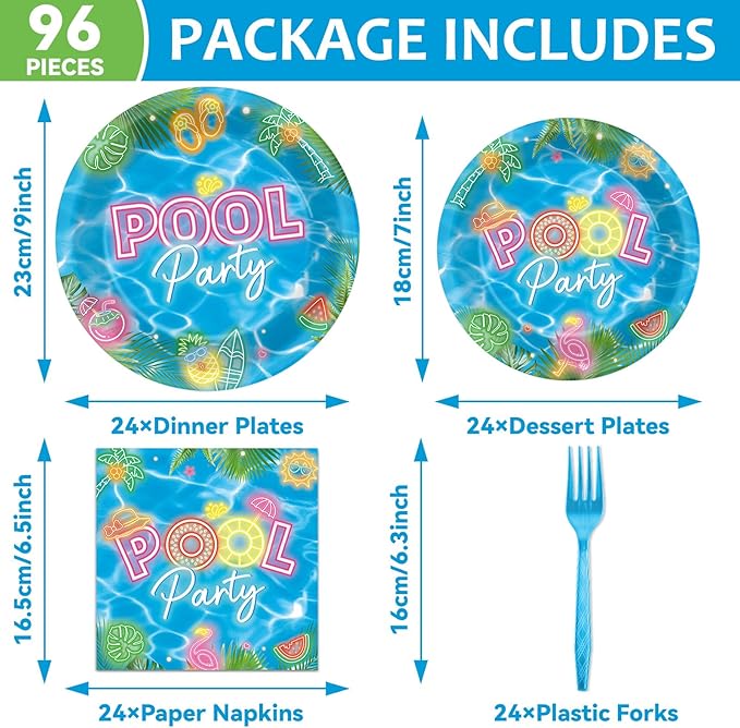 96Pcs Pool Party Plates and Napkins Neon Pool Party Decorations for