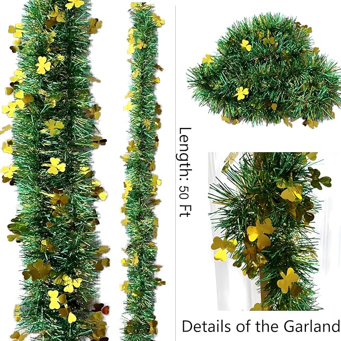 St Patrick Day Tinsel Garland 50 FT Green Gold Fringe Garlands with