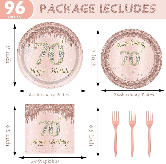 24 Sets 70th Rose Gold Birthday Party Decrations for Women 70