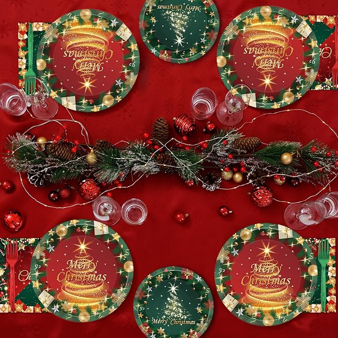 96PCS Christmas Party Supplies Paper Plates & Napkins in Red & Green
