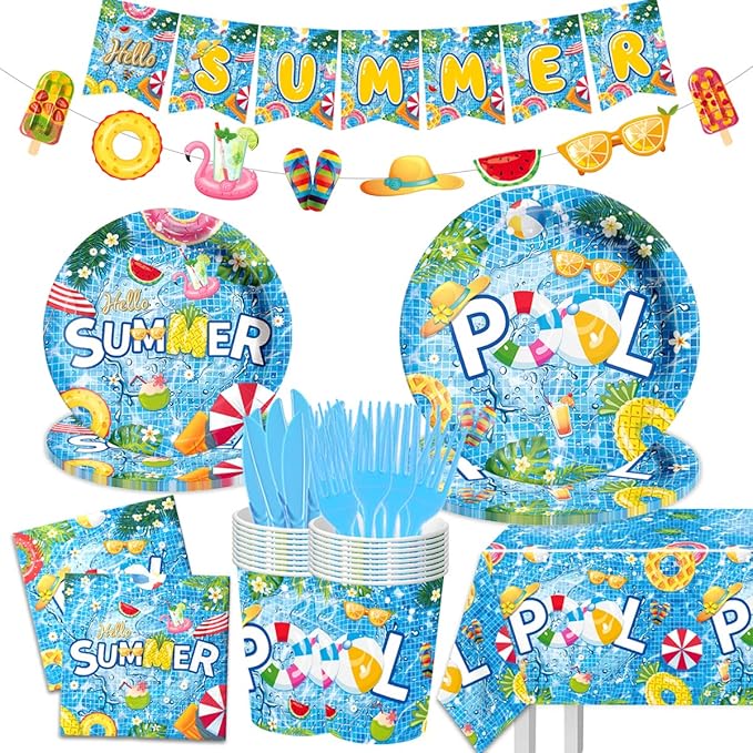 Pool Party Decoration 143Pcs Summer Tableware Pool Hello Summer