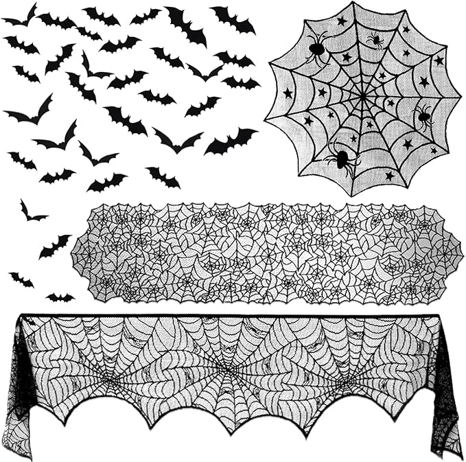 39 Pcs Halloween Decorations Kit Black Lace Spiderweb Round