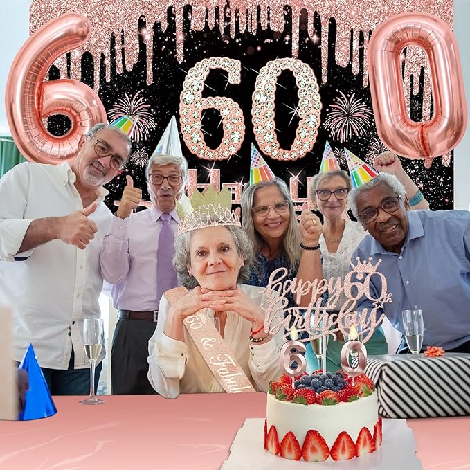 60th Birthday Decorations for Woman with Banner Rose Gold Tablecloth