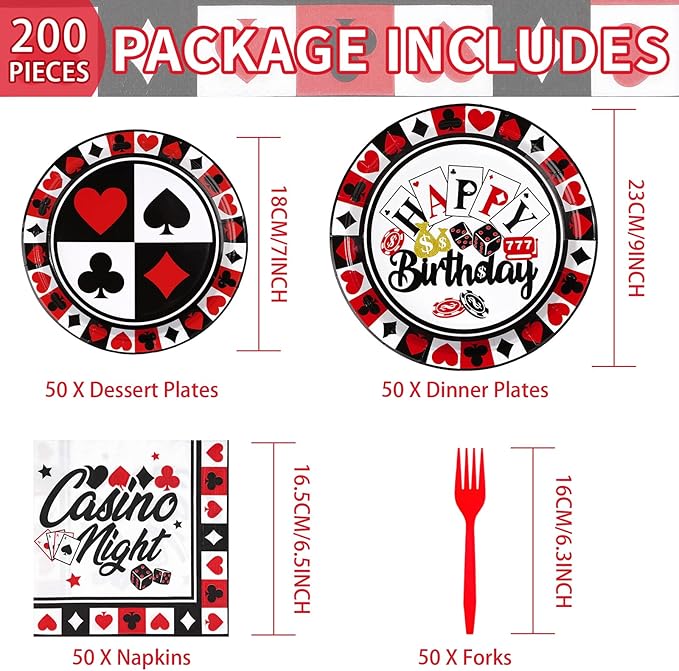 200PCS Casino Party Decorations Poker Plates and Napkins Disposable