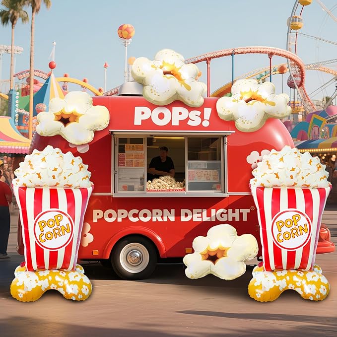 6 PCS Popcorn Balloons Set, 2 Jumbo 3.7 FT Standing Popcorn Bucket