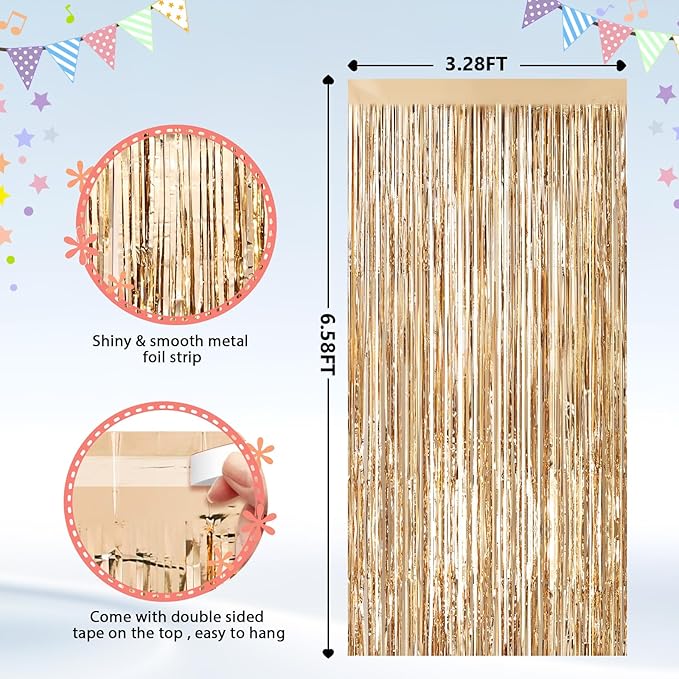 2Pack Champagne Gold Foil Fringe Backdrop Curtains, Tinsel Door