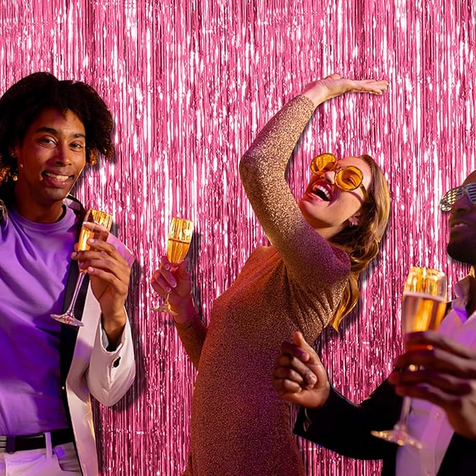 2 Pack Pink Backdrop Party Decorations Tinsel Curtain Party Backdrop