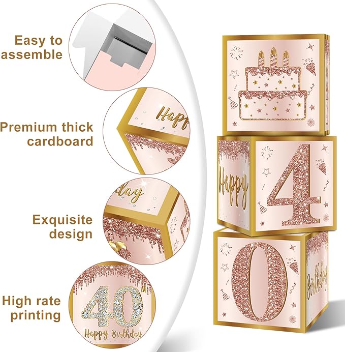 3Pcs 40th Birthday Decorations Boxes for Women Pink Rose Gold 40th