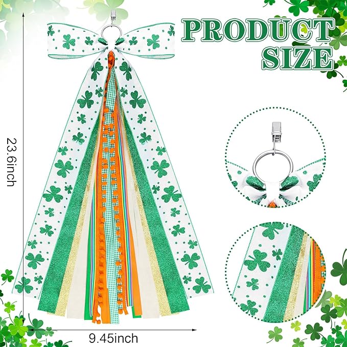 2 Pcs St Patricks Day Clover Ribbon Bow for Wreath Large Clover