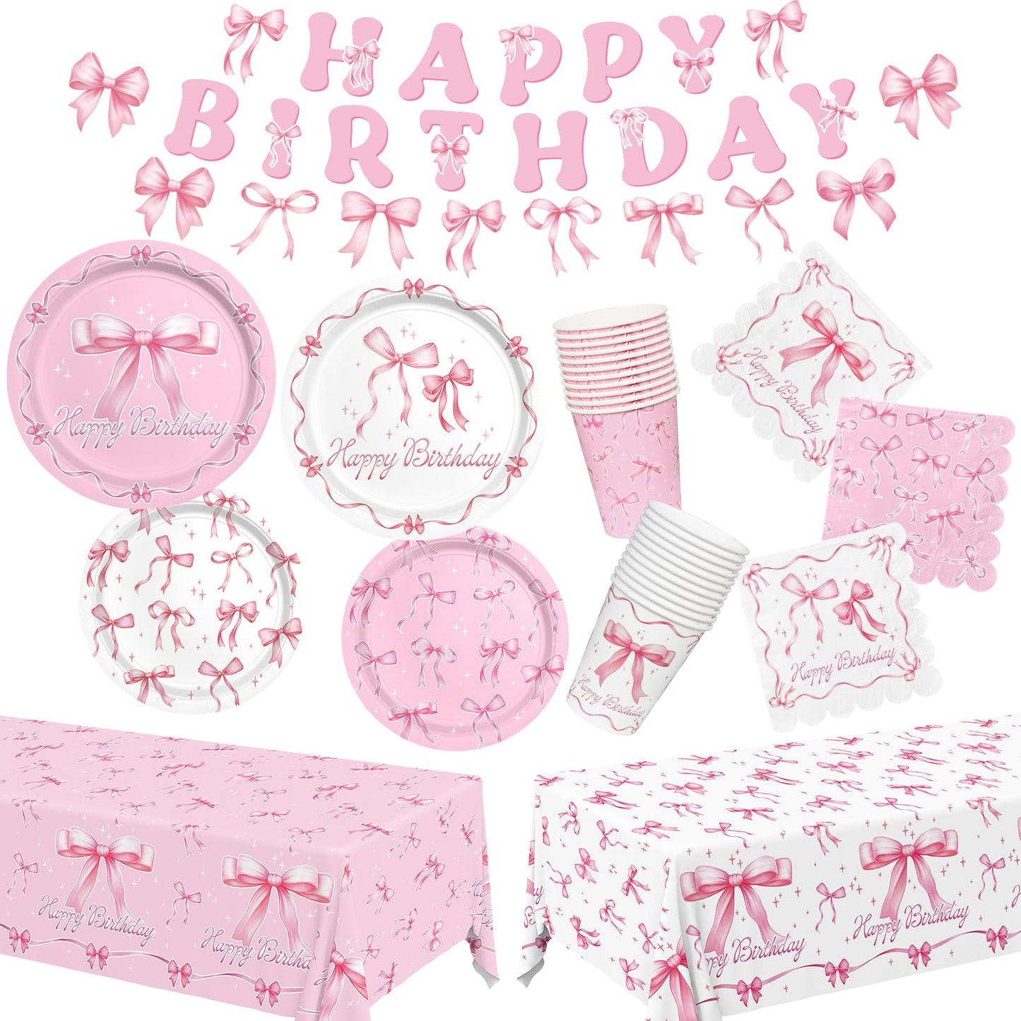 Pink Bow Happy Birthday Decorations Set for 24: Bachelorette Party