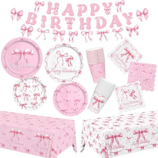 Pink Bow Happy Birthday Decorations Set for 24: Bachelorette Party