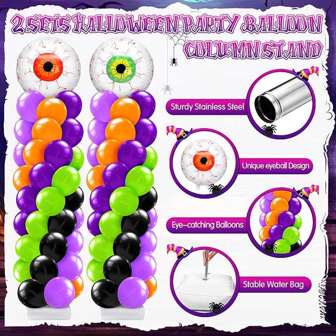 2 Set Halloween Eyeball Balloon Column Stand Kit with Red Green