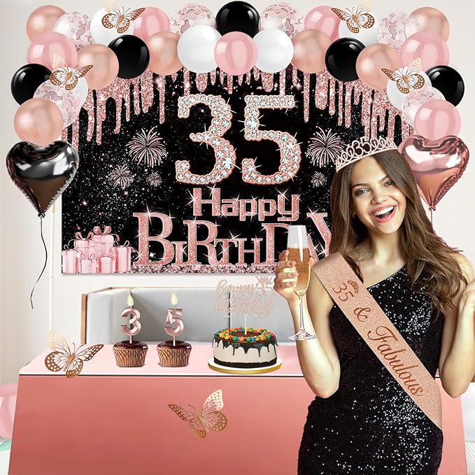 35th Birthday Decorations for Women 49pcs Black Rose Gold Black