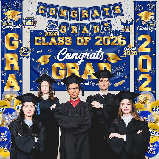Graduation Decorations Class of 2026 Blue and Gold Graduation Party