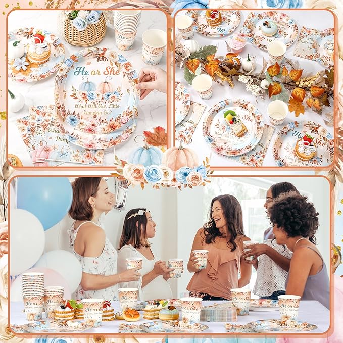 200 Pcs Fall Pumpkin Gender Reveal Baby Shower Paper Plates Napkins