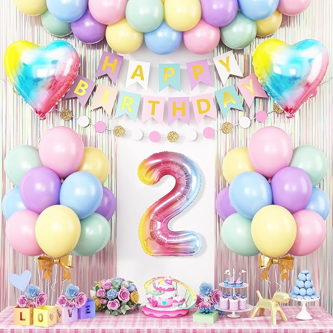 2nd Birthday Decorations Rainbow Gradient Number 2nd Balloon Pastel