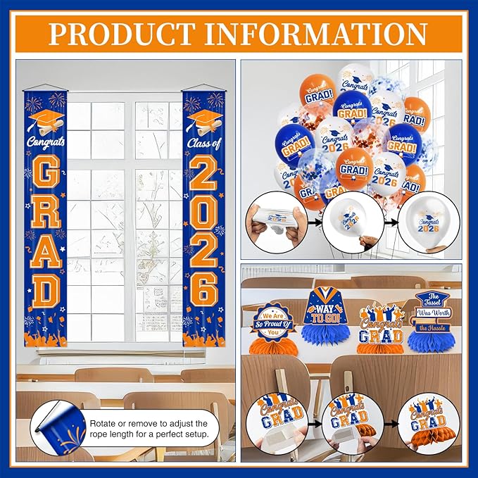 Graduation Decorations 2026 Blue and Orange Graduation Party Decor