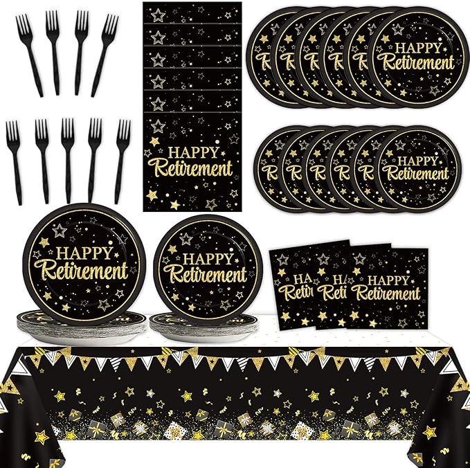 24 Guests Happy Retirement Party Supplies Black Gold Retirement