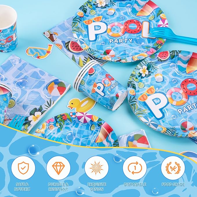 Pool Party Supplies Summer Decorations include Pool Party Plates