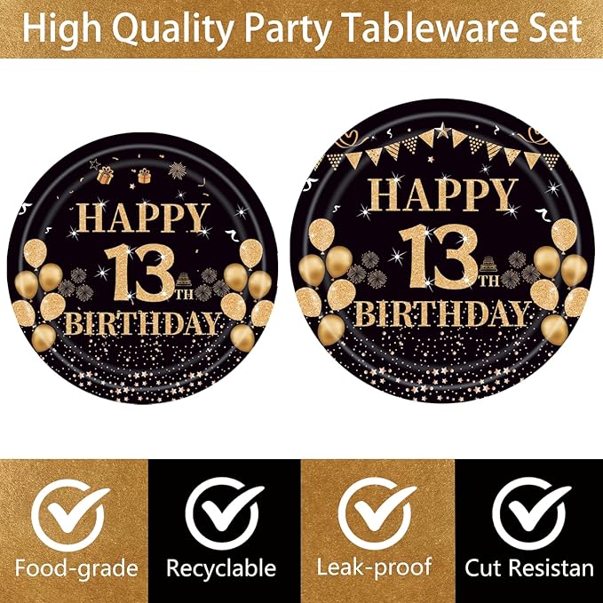 96PCS 13th Birthday Party Plates Set Black and Gold Theme Decorations