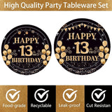 96PCS 13th Birthday Party Plates Set Black and Gold Theme Decorations