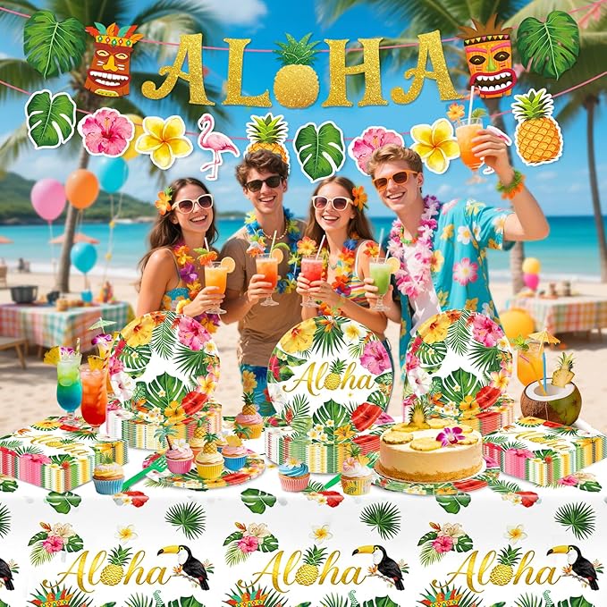 Luau Party Decorations 99Pcs Hawaiian Aloha Party Plates Serve 24