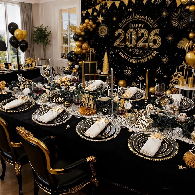 WDF Partyware 175PCS Black and Gold Plates - Black Disposable Plates