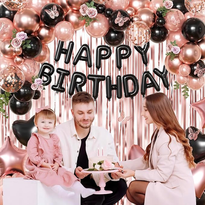 Rose Gold and Black Birthday Decorations for Women Girls Pearl