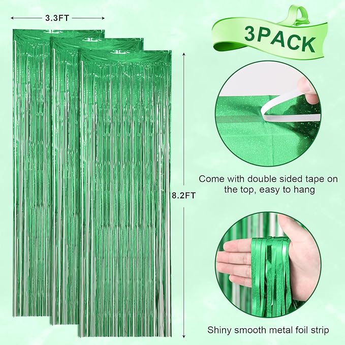 Voircoloria 3 Pack 3.3 x 8.2 ft Laser Green Foil Fringe Backdrop