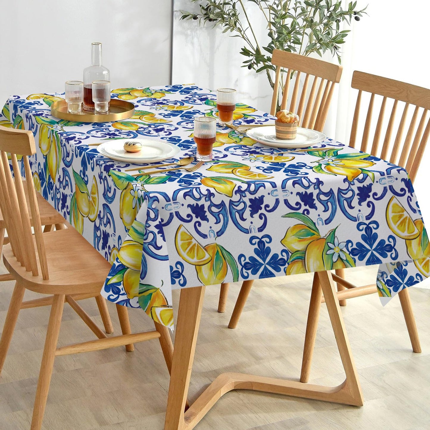 Livcoz Blue Lemon Italy Tile Pattern Rectangle Tablecloth 60 x 104