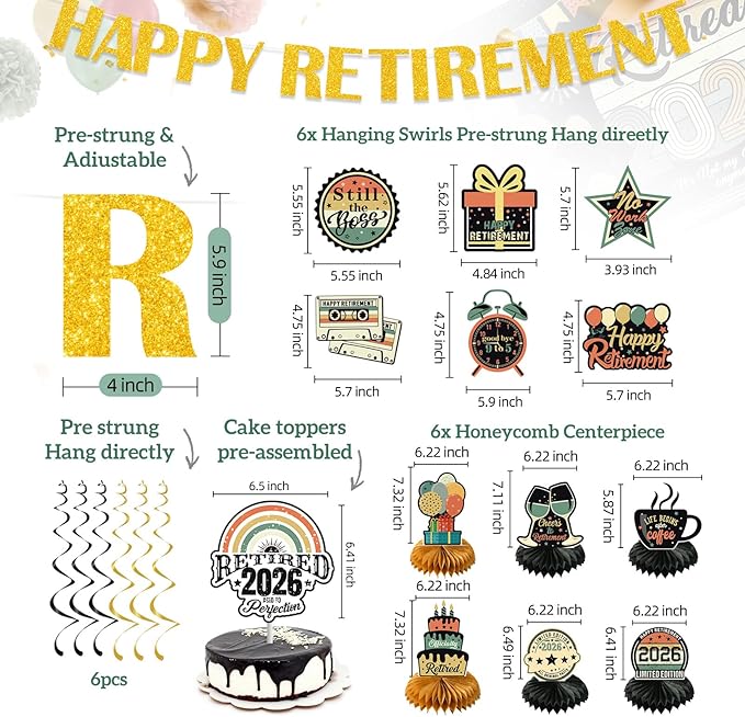 43Pcs Retirement Party Decorations for Men Women PRE STRUNG Vintage