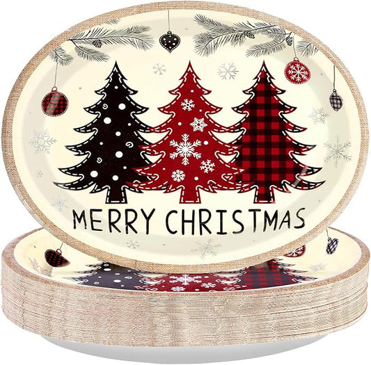 50Pcs Christmas Tree Oval Paper Plates 10 x 12 Large Heavy Duty