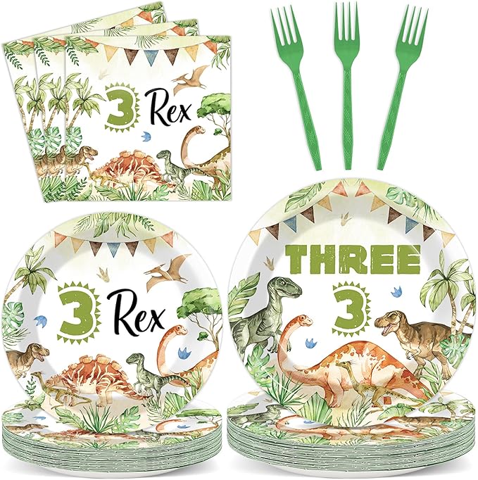 96PCS Dinosaur 3rd Birthday Party Paper Plates and Napkins and Forks