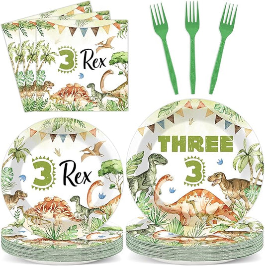 96PCS Dinosaur 3rd Birthday Party Paper Plates and Napkins and Forks