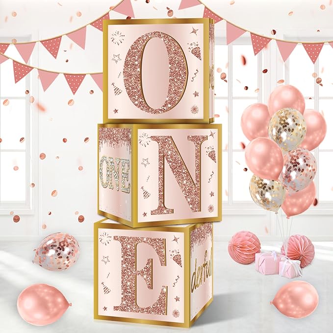 3Pcs 1st Birthday Boxes Decorations for Girls Pink Rose Gold Miss