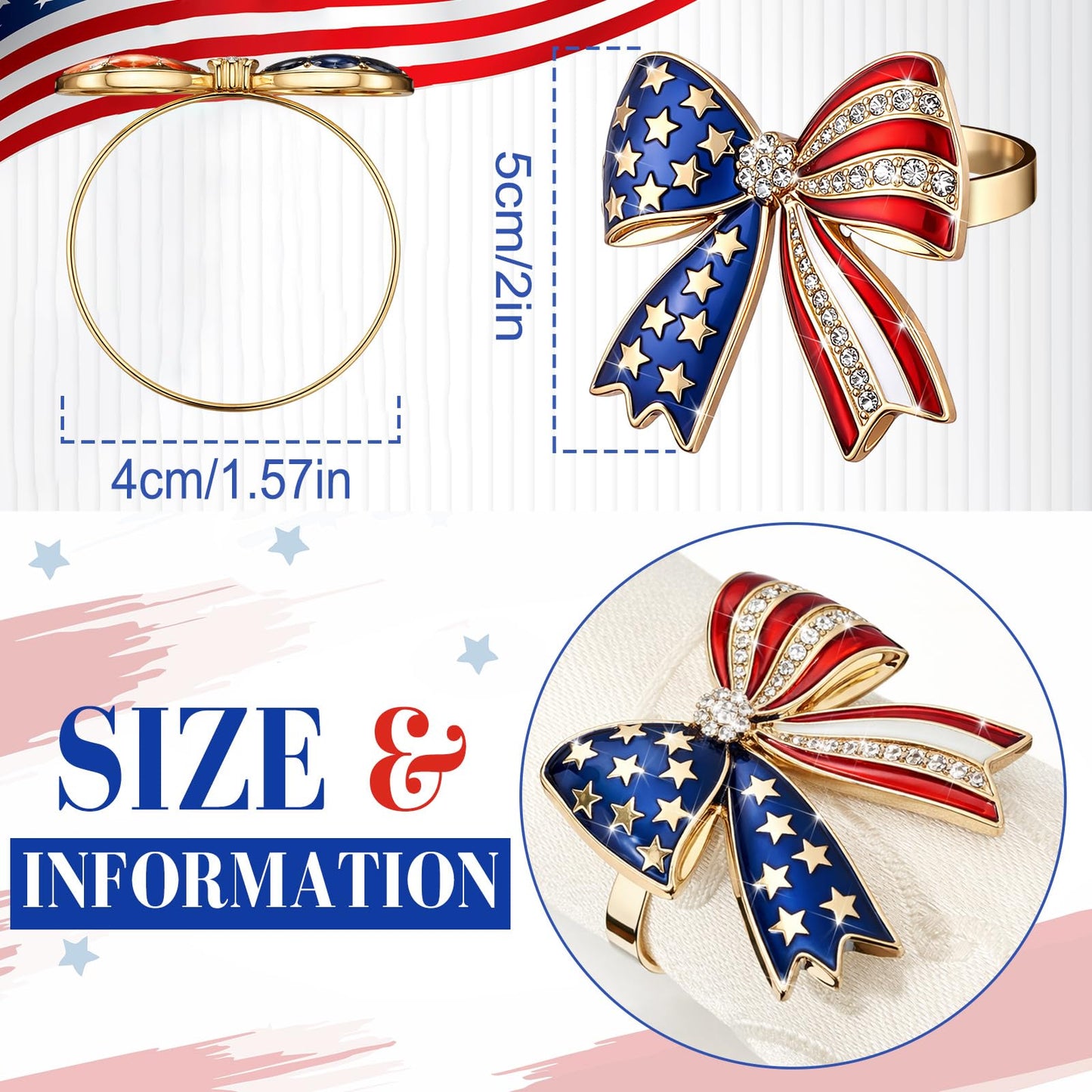 Geiserailie 6 Pieces Patriotic Napkin Rings 4th of July Bow Napkin