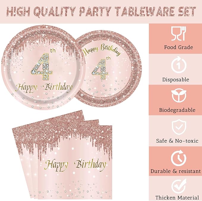 24 Sets 4th Rose Gold Birthday Party Decrations for Girls 4 Birthday